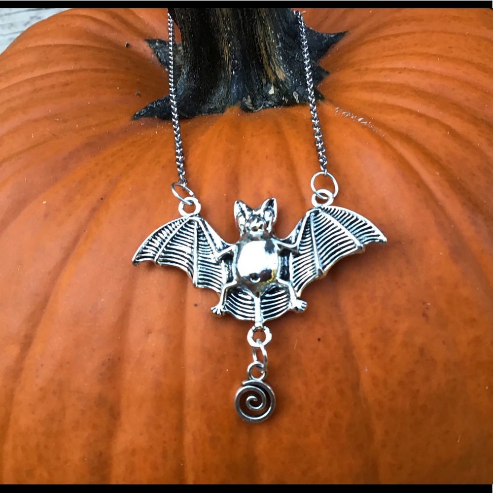 Silver bat necklace stainless chain long handmade